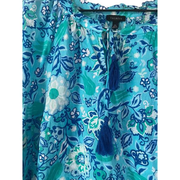 Talbots Womens Short Sleeve Blue Green Floral Tassel Lightweight Blouse Size XL - Picture 3 of 5